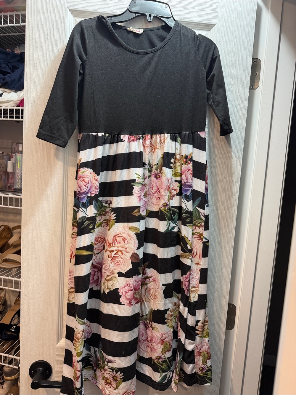 Girls Black Floral Stripe Midi Dress with Pink Roses